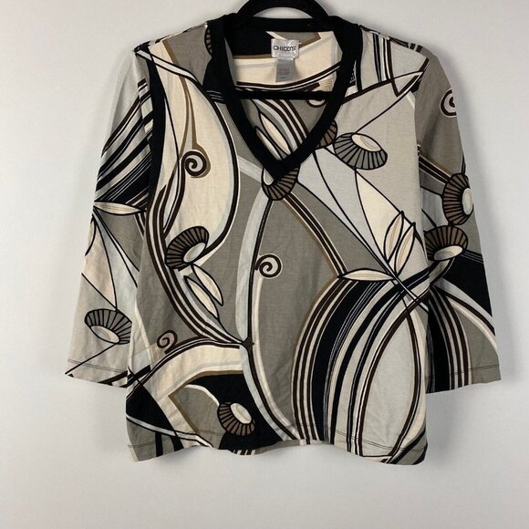 Chicos Top Womens 1 US M Neutral Geometric V Neck Blouse 3/4 Sleeves Stretch - Picture 1 of 8